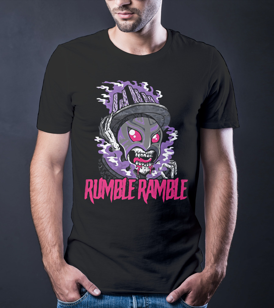 Rumble Ramble Monster In Urban Graffiti Mask With Purple Smoke And Cityscape Hat T-Shirt
