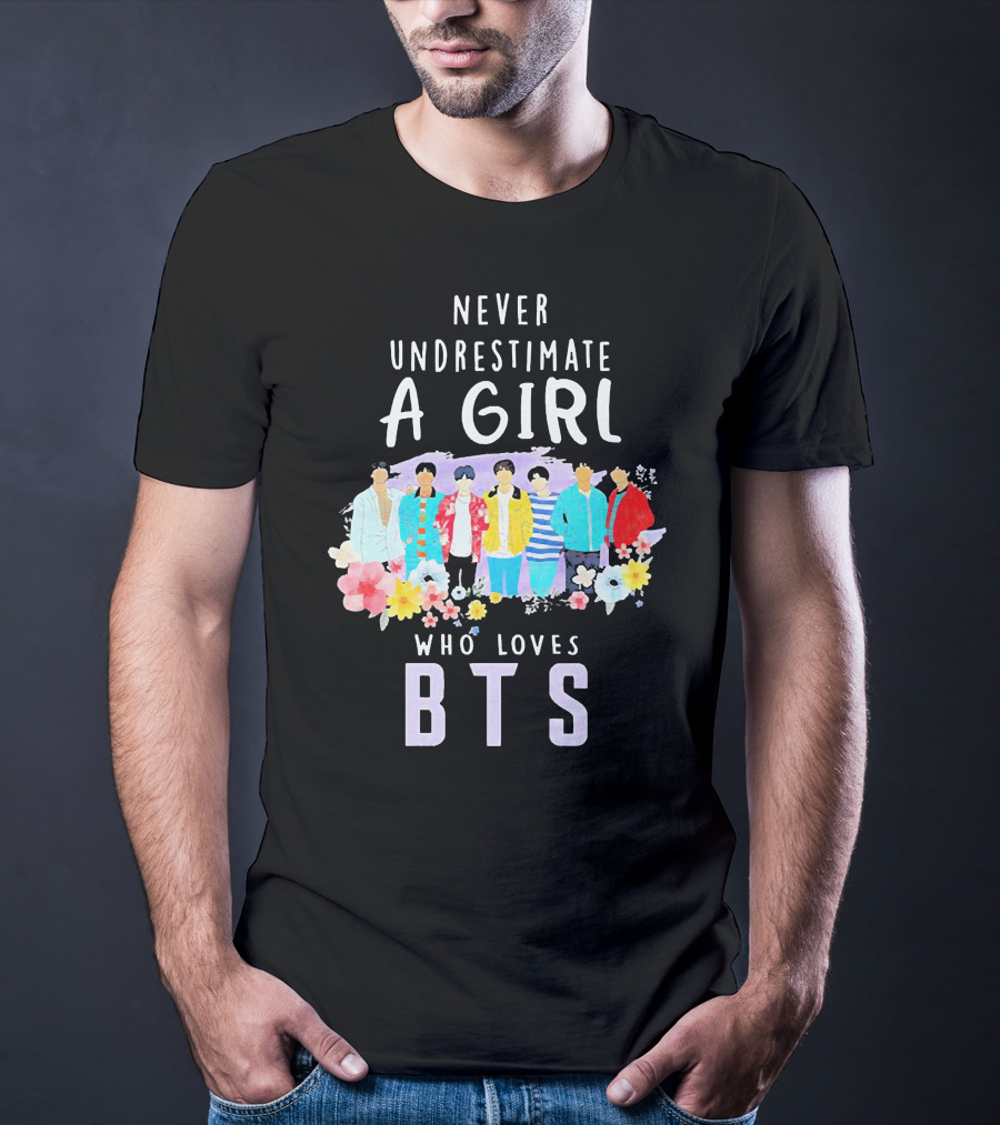 Never Underestimate A Girl Who Loves BTS Floral Watercolor Band T-Shirt