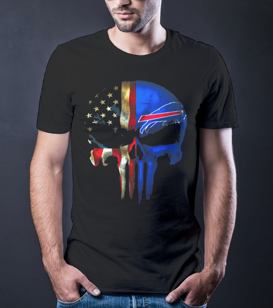 Skull Buffalo Bills American Flag Punisher NFL Logo Stars Stripes T-Shirt