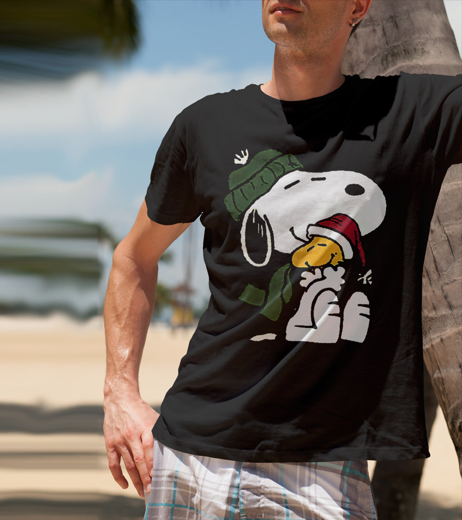 Snoopy Hugging Woodstock Winter Hat Scarf Christmas T-Shirt