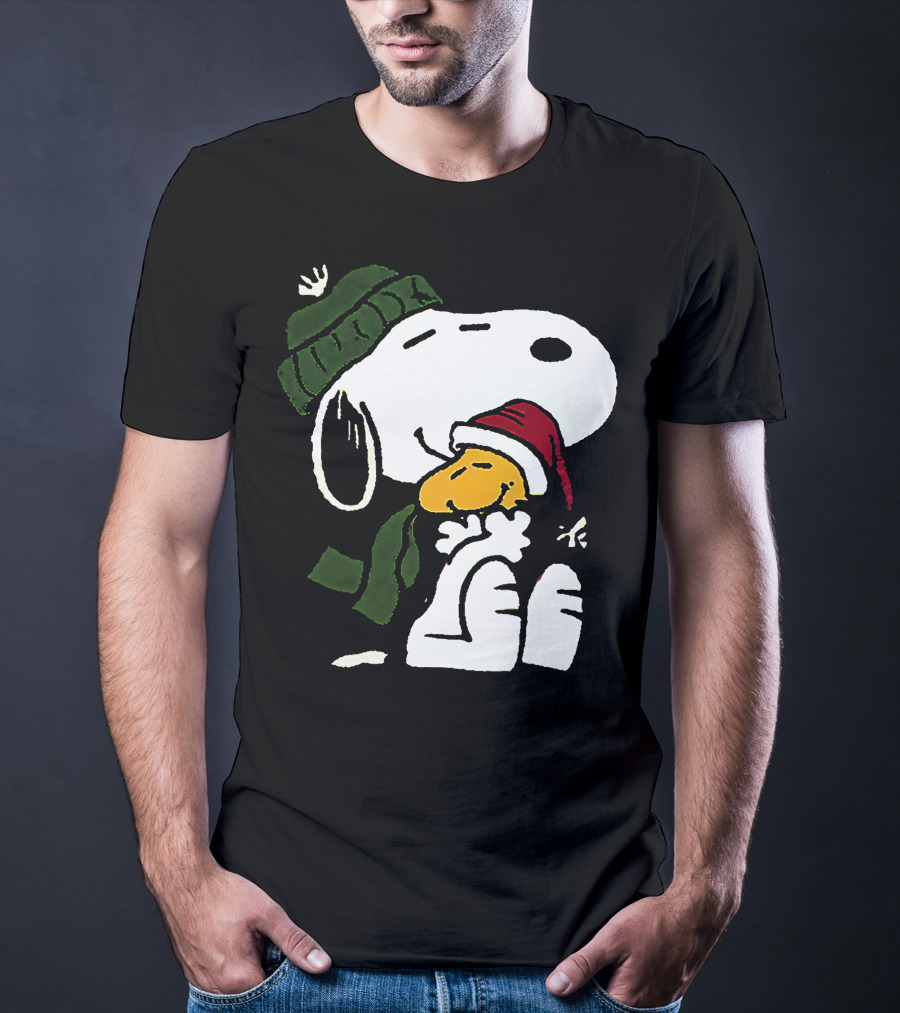 Snoopy Hugging Woodstock Winter Hat Scarf Christmas T-Shirt