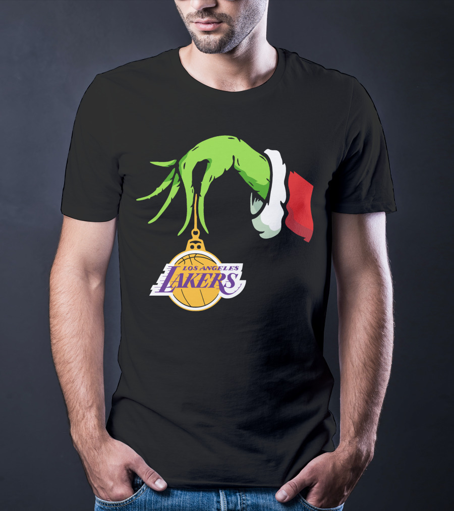 Grinch Hand With Santa Sleeve Holding Los Angeles Lakers T-Shirt