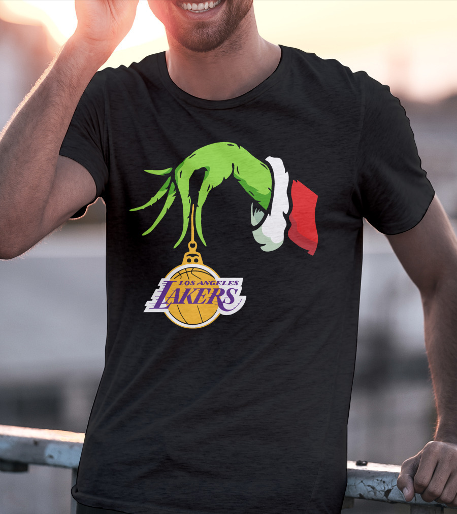 Grinch Hand With Santa Sleeve Holding Los Angeles Lakers T-Shirt