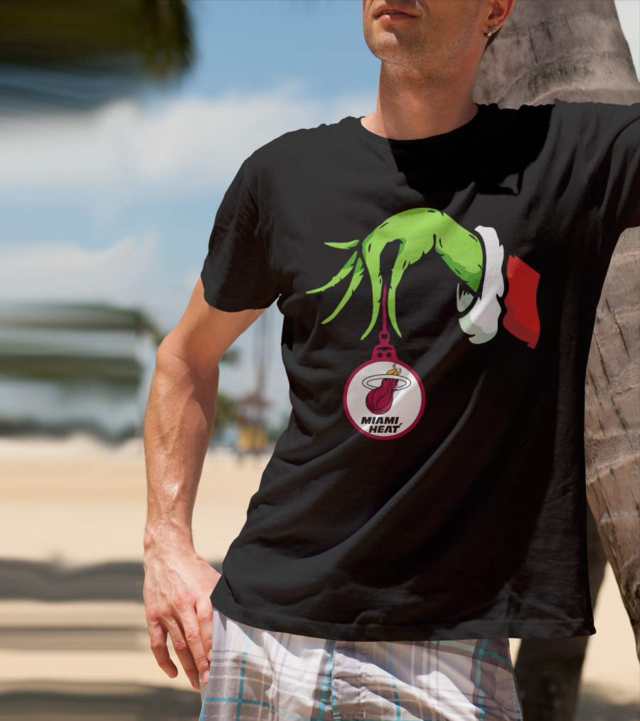 Grinch Hand With Miami Heat Ornament Holiday Sports T-Shirt