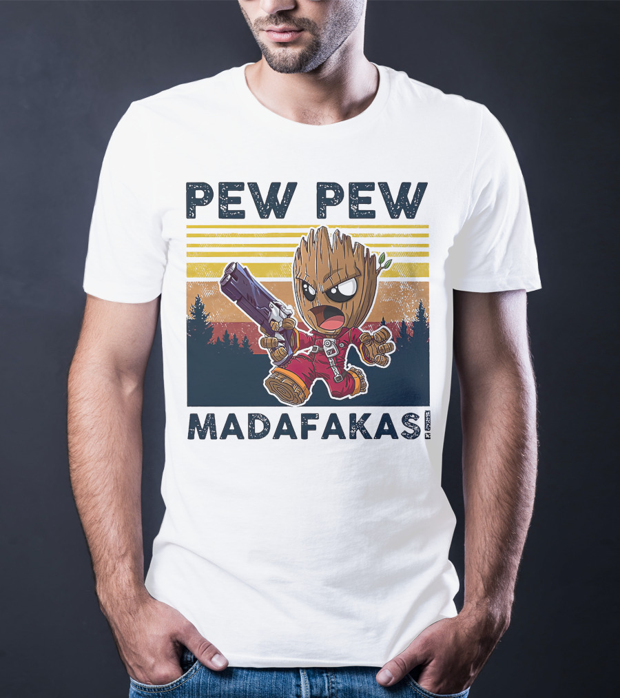 Pew Pew Madafakas Baby Groot Retro Forest Background T-Shirt