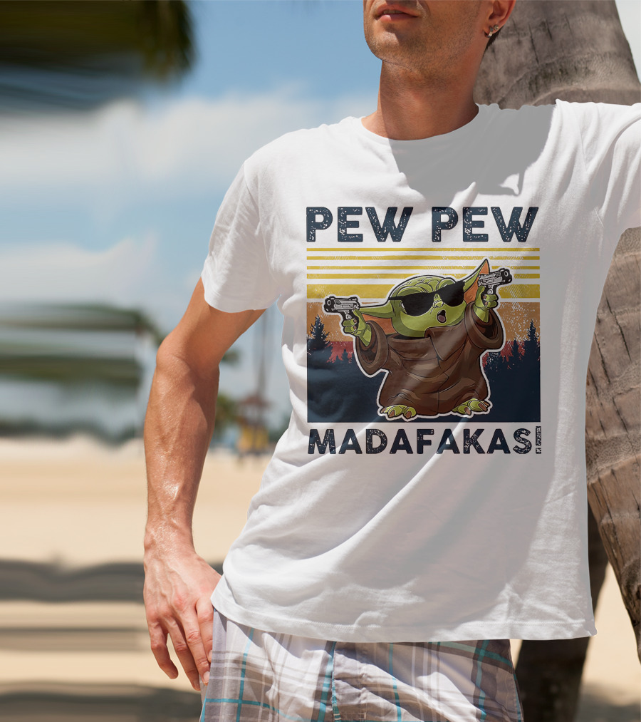 Pew Pew Madafakas Baby Yoda Retro Forest Sunset T-Shirt