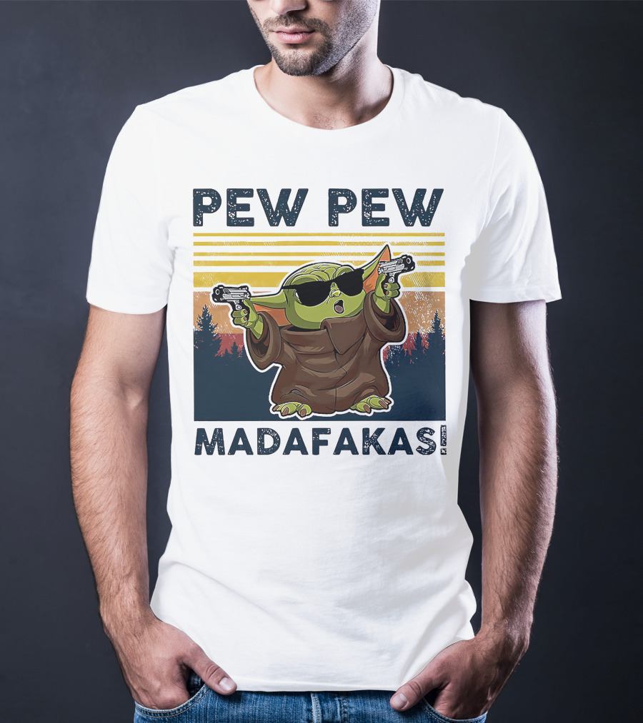 Pew Pew Madafakas Baby Yoda Retro Forest Sunset T-Shirt