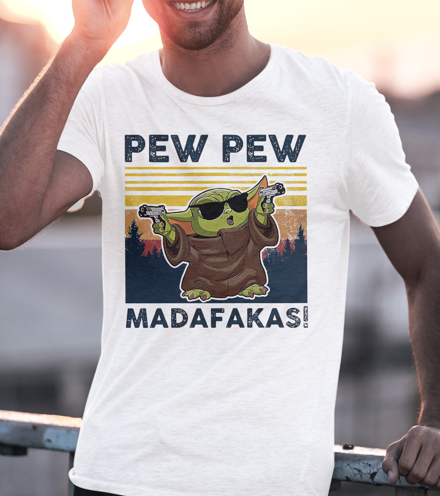 Pew Pew Madafakas Baby Yoda Retro Forest Sunset T-Shirt