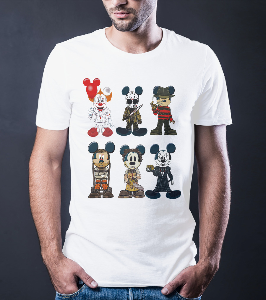 Halloween Horror Characters Mickey Mouse Pennywise Jason Freddy Chucky Leatherface Pinhead T-Shirt