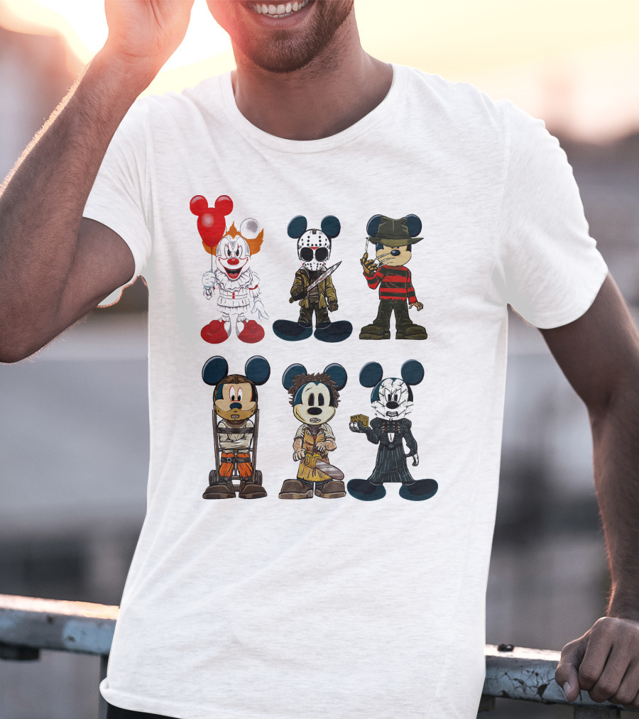 Halloween Horror Characters Mickey Mouse Pennywise Jason Freddy Chucky Leatherface Pinhead T-Shirt