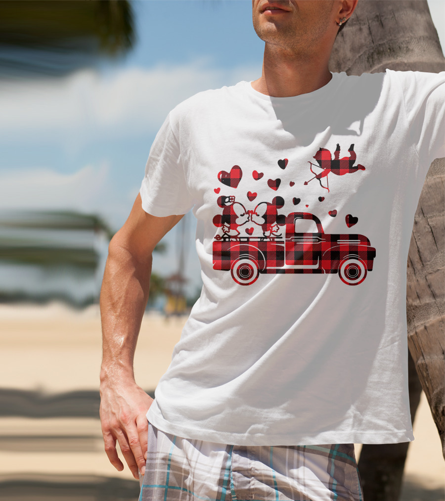 Buffalo Plaid Mickey Minnie Kissing In Truck With Hearts And Cupid Valentine T-Shirt
