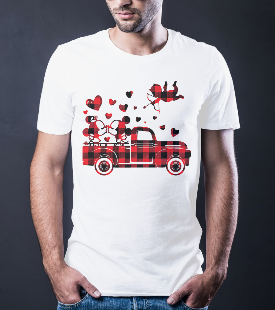 Buffalo Plaid Mickey Minnie Kissing In Truck With Hearts And Cupid Valentine T-Shirt