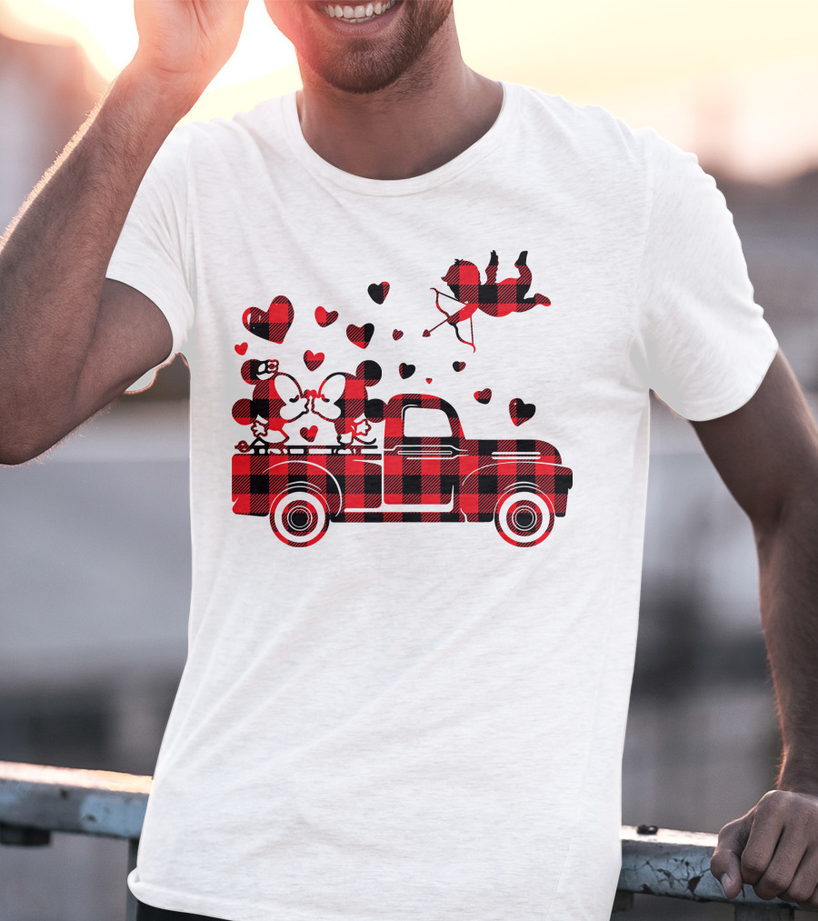 Buffalo Plaid Mickey Minnie Kissing In Truck With Hearts And Cupid Valentine T-Shirt