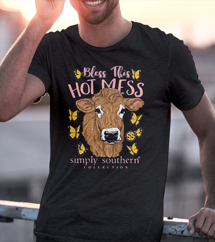Bless This Hot Mess Simply Southern Collection Cow And Butterflies T-Shirt