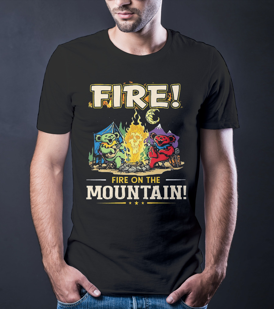 Grateful Dead Fire On The Mountain Camping Bears Campfire Scene T-Shirt