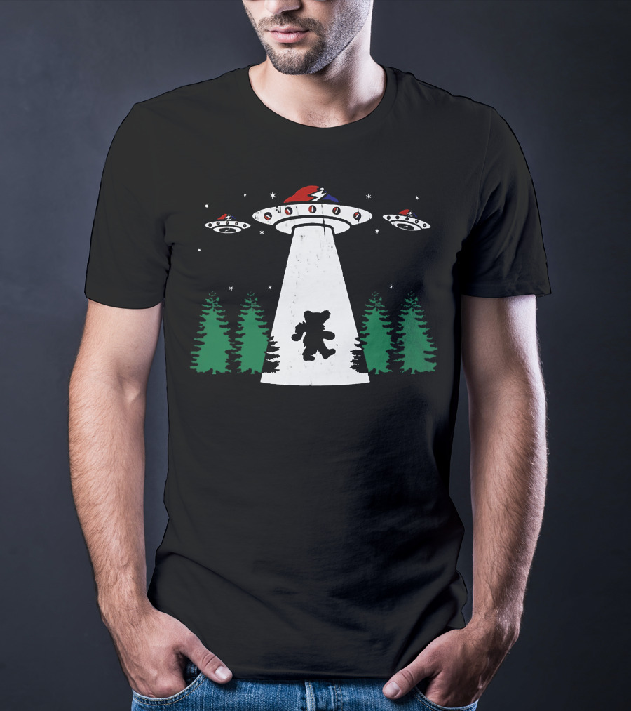 Grateful Dead Bear Abducted By UFO With Lightning Bolt And Red Hat T-Shirt