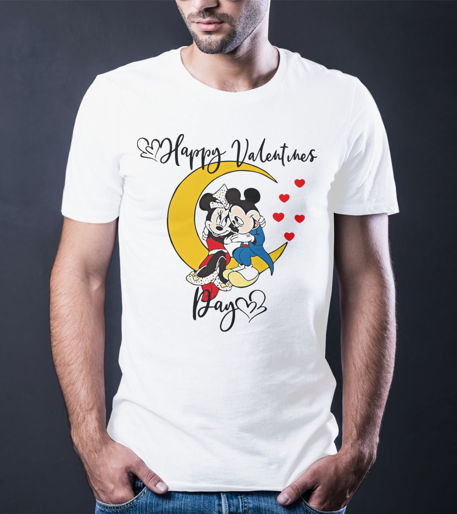 Happy Valentines Day Mickey Mouse And Minnie Mouse Cuddling On Crescent Moon With Hearts T-Shirt