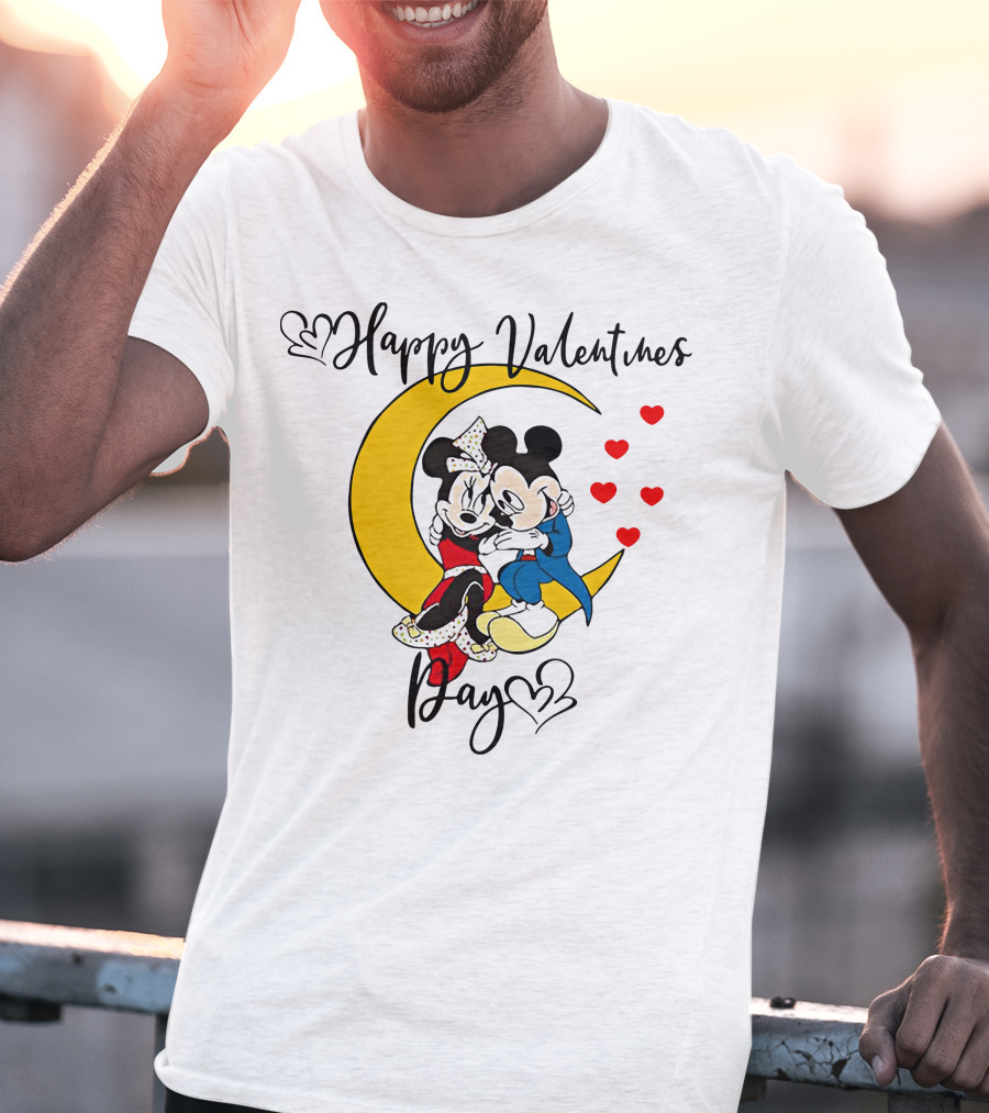 Happy Valentines Day Mickey Mouse And Minnie Mouse Cuddling On Crescent Moon With Hearts T-Shirt