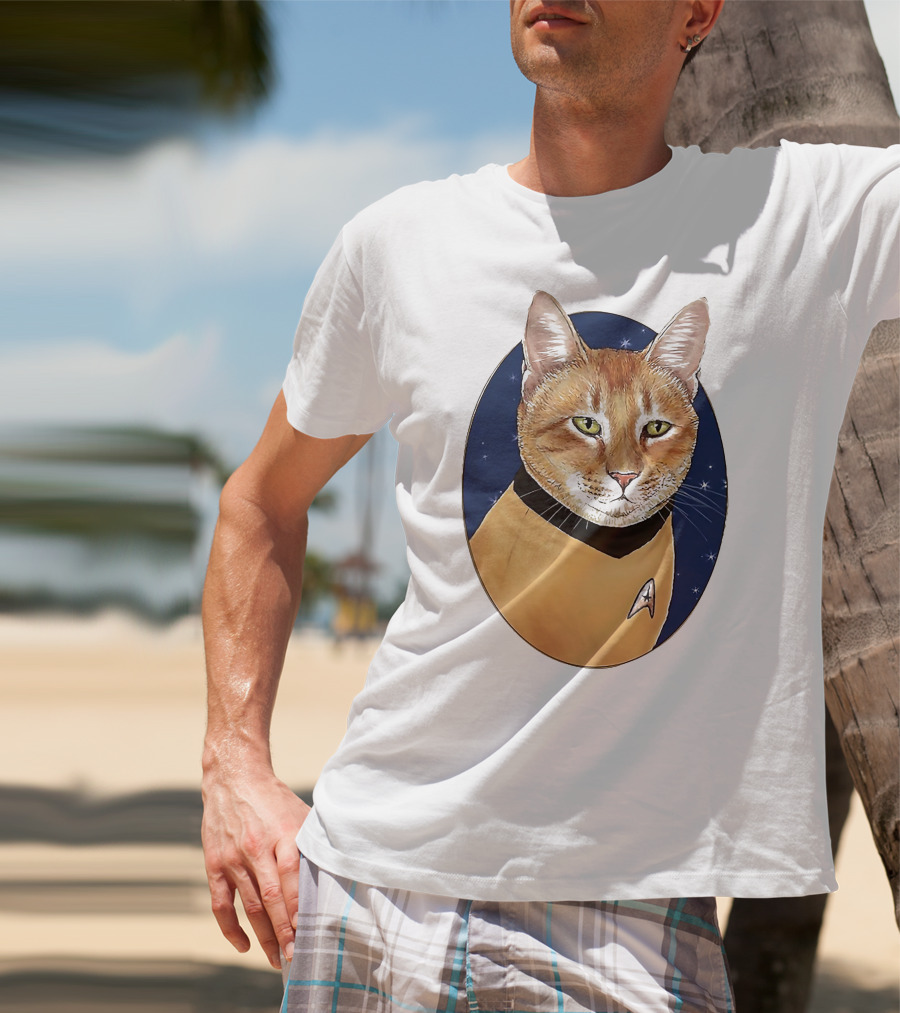 Star Trek Cat In Captain Uniform With Emblem On Starry Background T-Shirt