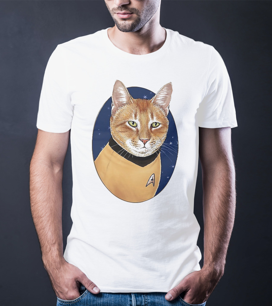 Star Trek Cat In Captain Uniform With Emblem On Starry Background T-Shirt
