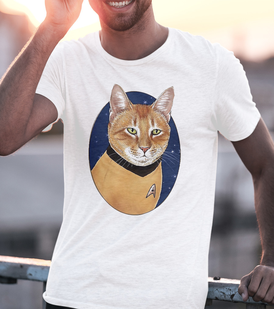 Star Trek Cat In Captain Uniform With Emblem On Starry Background T-Shirt