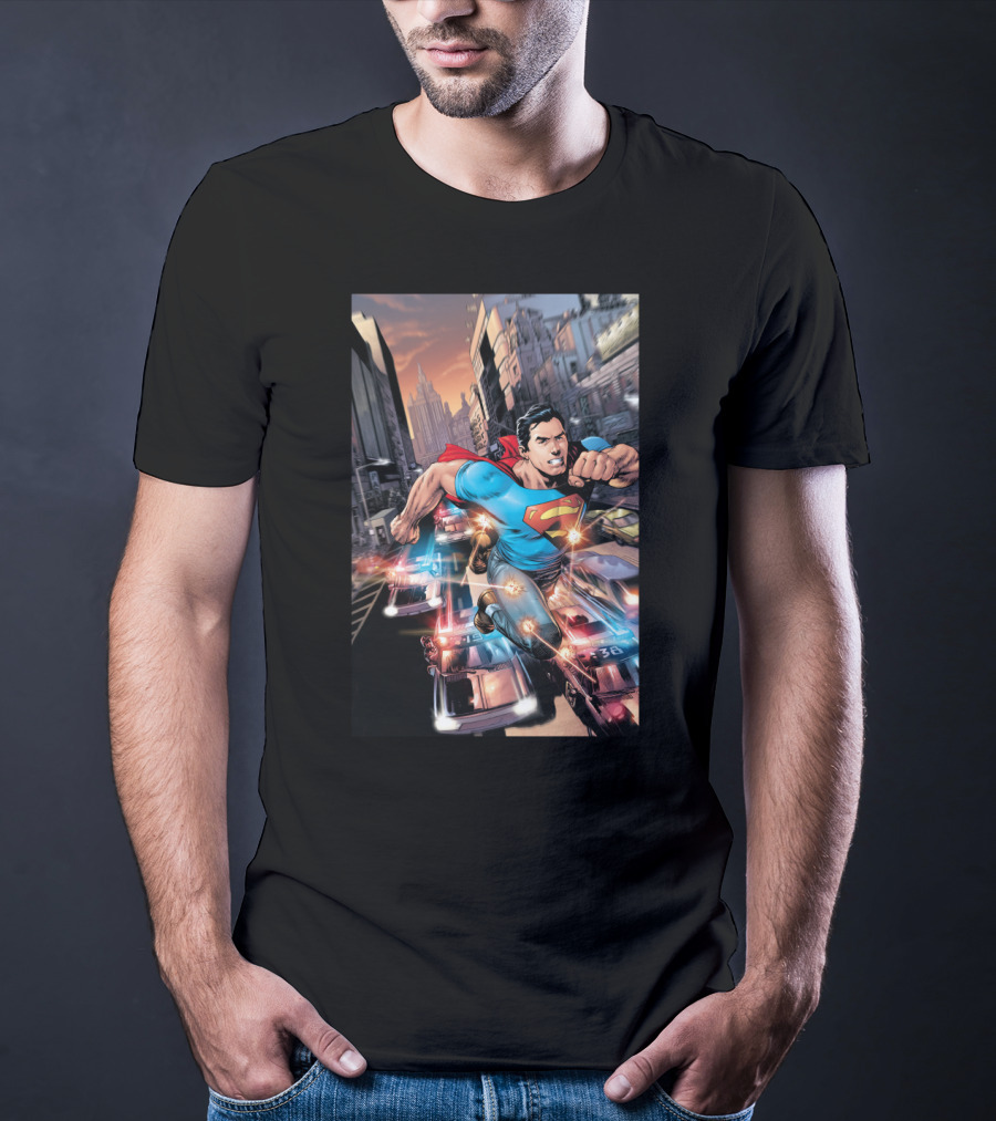 DC Comics Superman Flying Through Urban City With Police Cars T-Shirt