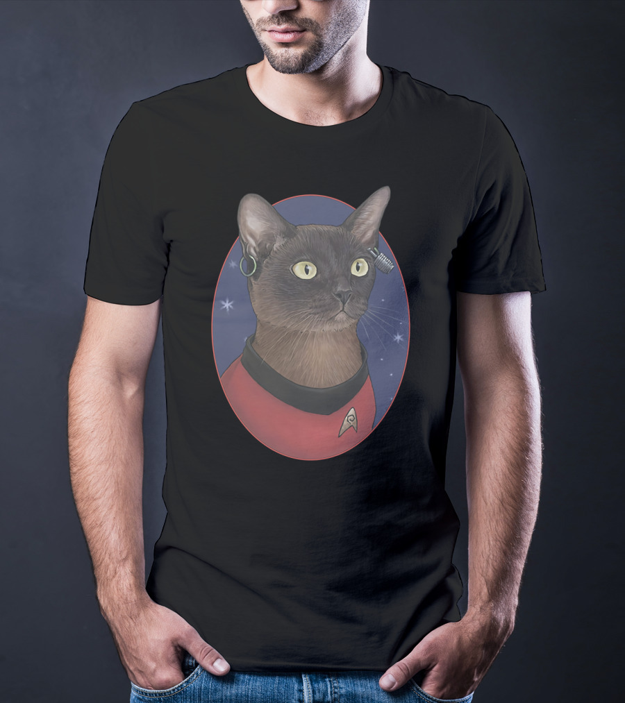 Star Trek Uhura Cat Badge In Space Oval With Earrings And Red Uniform T-Shirt