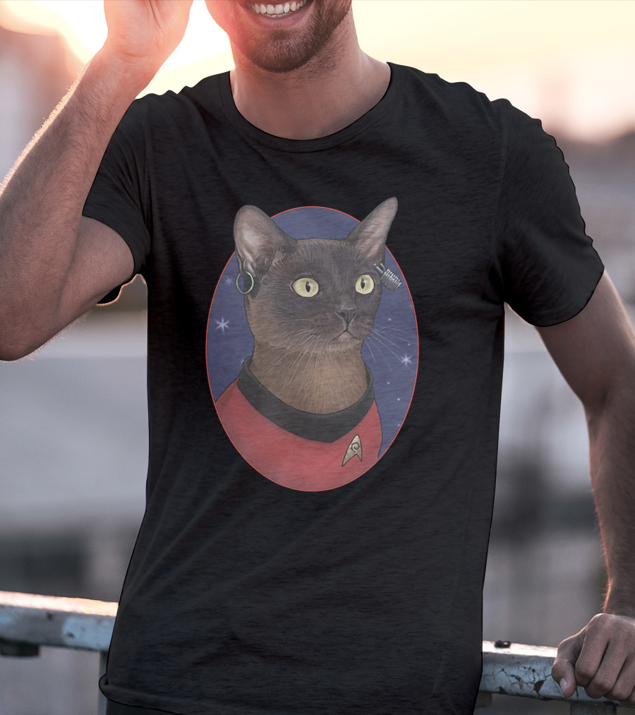 Star Trek Uhura Cat Badge In Space Oval With Earrings And Red Uniform T-Shirt
