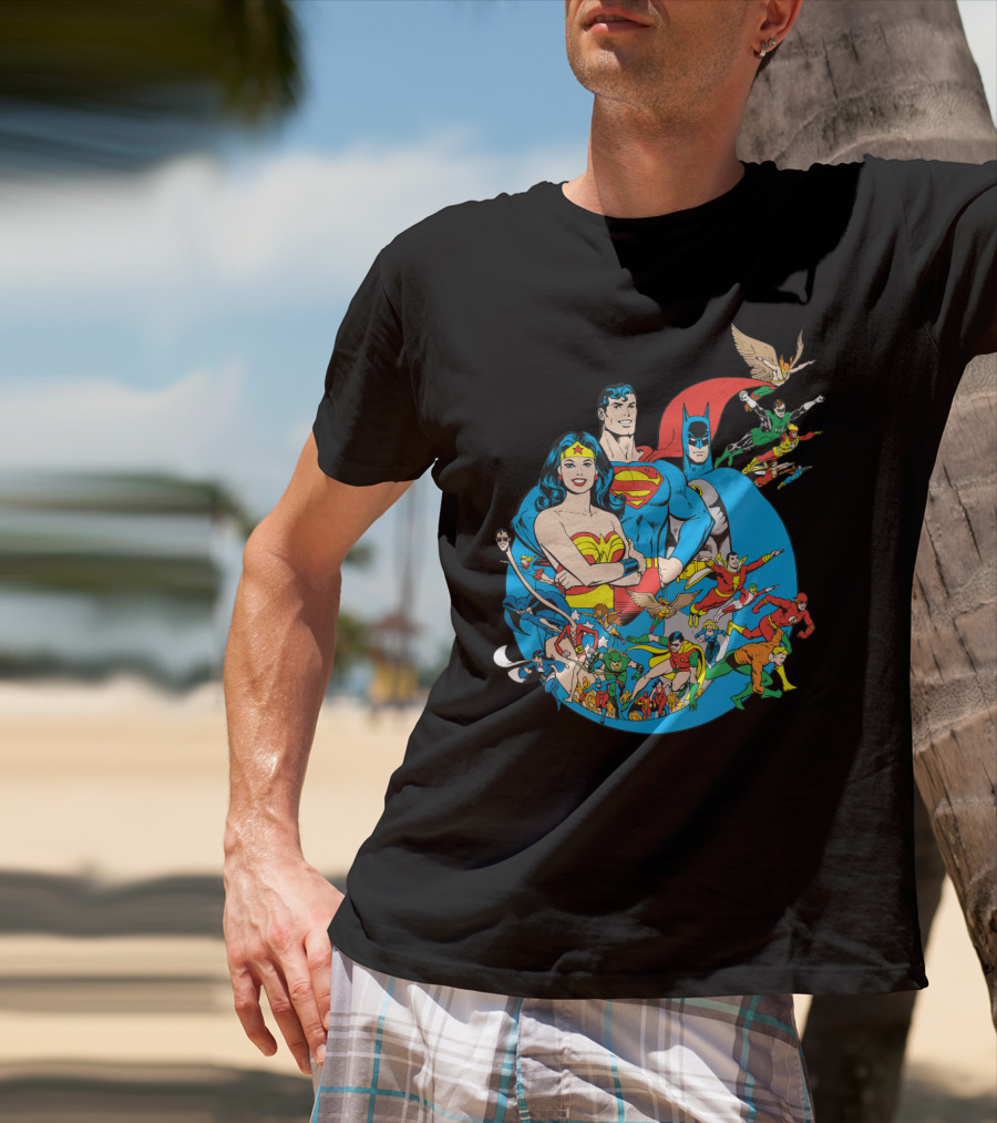DC Comics Justice League Superman Batman Wonder Woman Flash Green Lantern Aquaman Hawkman Robin Green Arrow T-Shirt