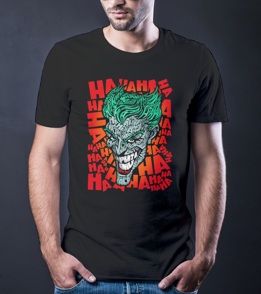 DC Comics Joker Haha Text Fill Green Hair Face Iconic Laugh Background T-Shirt