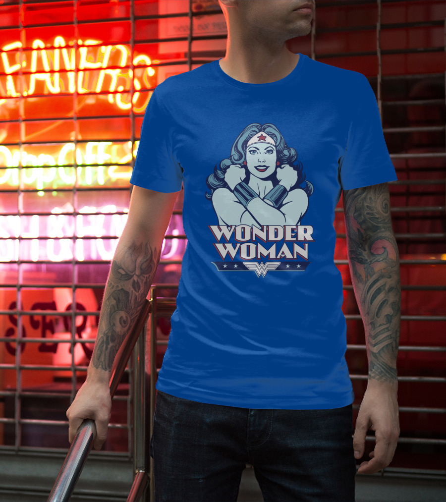 WONDER WOMAN Retro Blue Crossover Illustration With Star Headband And Arm Bracelets T-Shirt