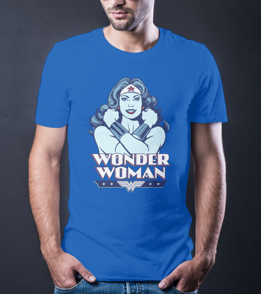 WONDER WOMAN Retro Blue Crossover Illustration With Star Headband And Arm Bracelets T-Shirt