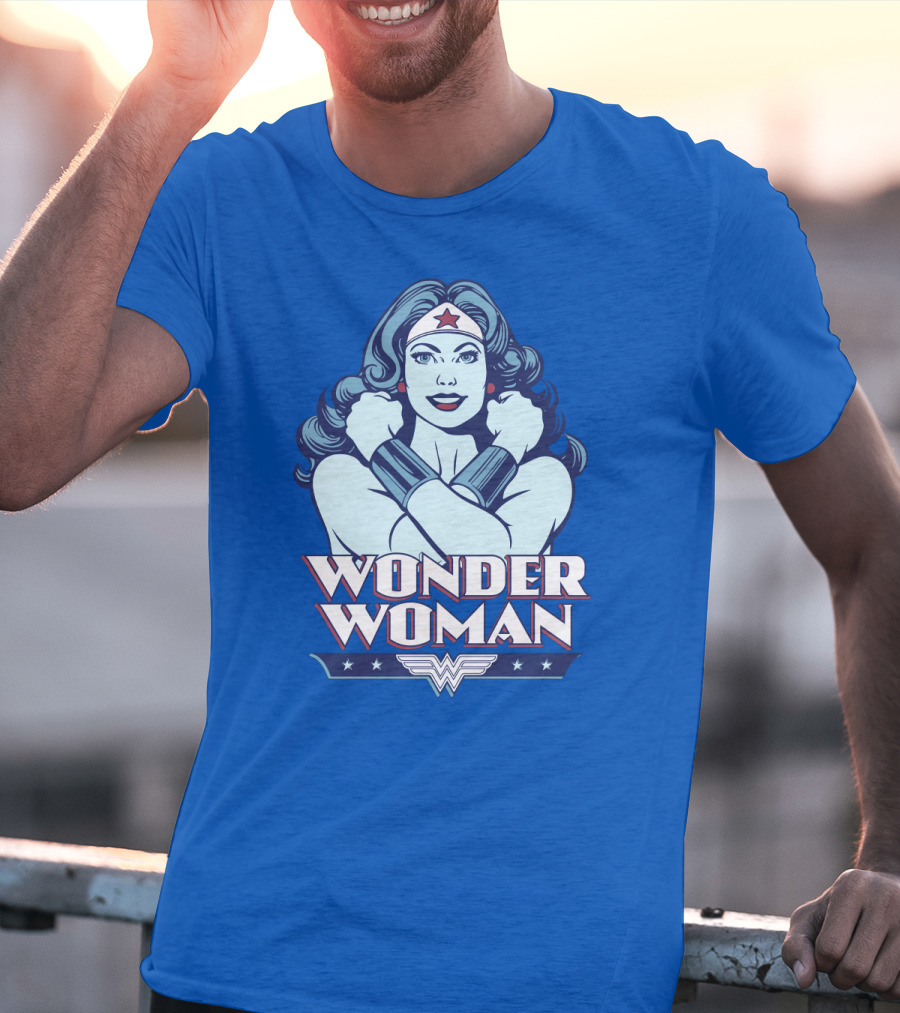 WONDER WOMAN Retro Blue Crossover Illustration With Star Headband And Arm Bracelets T-Shirt