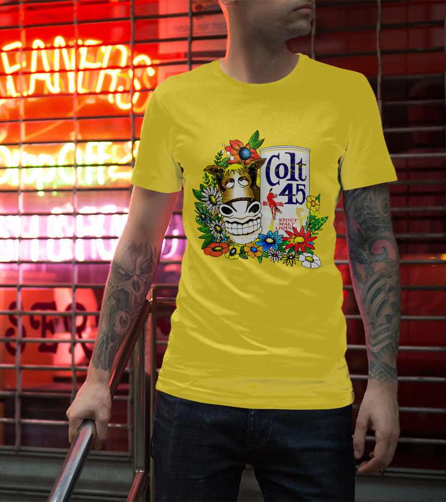 Colt 45 Malt Liquor With Cartoon Horse And Colorful Floral Background T-Shirt