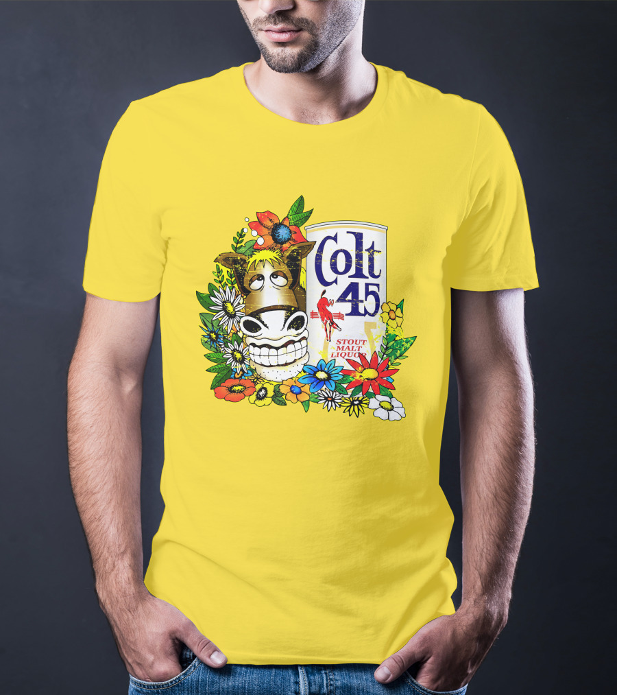 Colt 45 Malt Liquor With Cartoon Horse And Colorful Floral Background T-Shirt