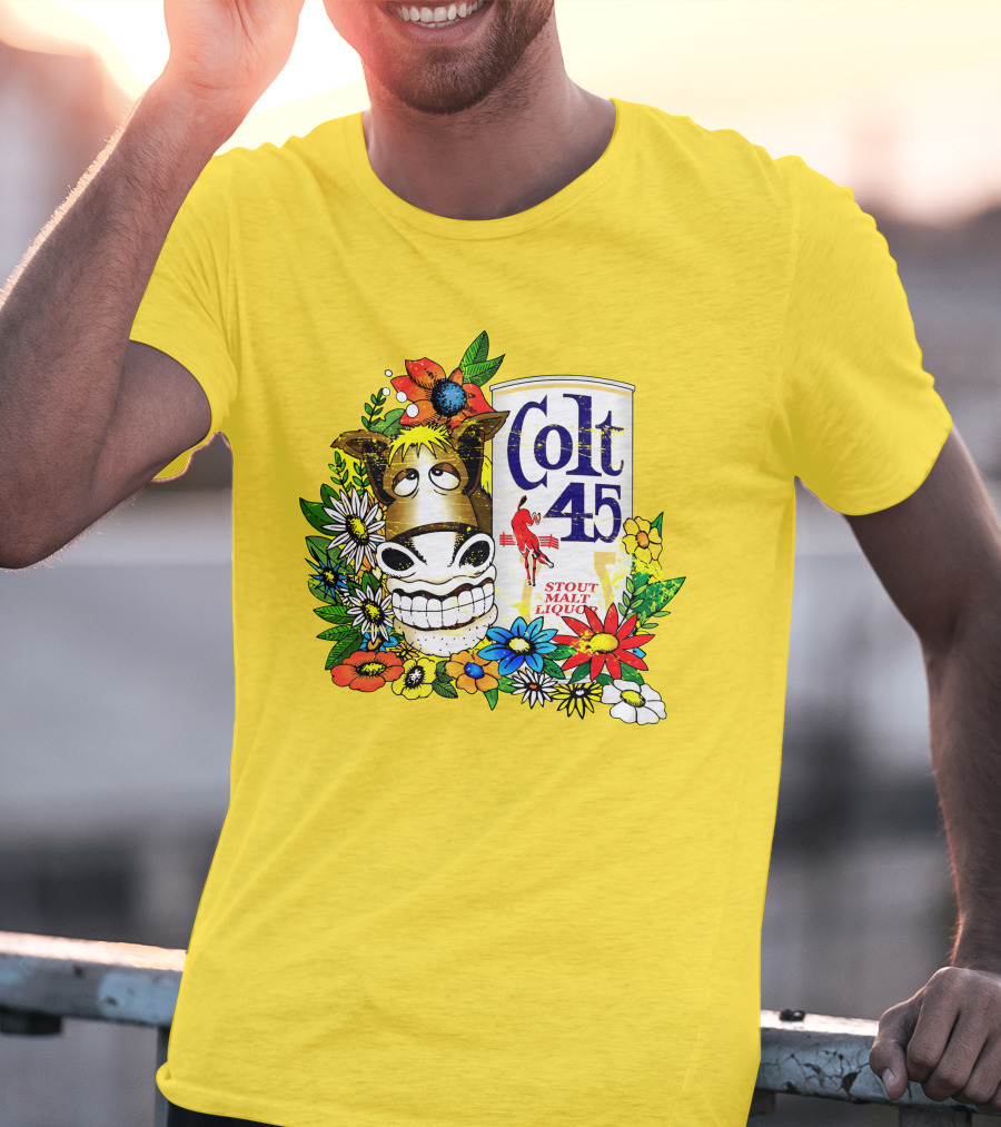 Colt 45 Malt Liquor With Cartoon Horse And Colorful Floral Background T-Shirt
