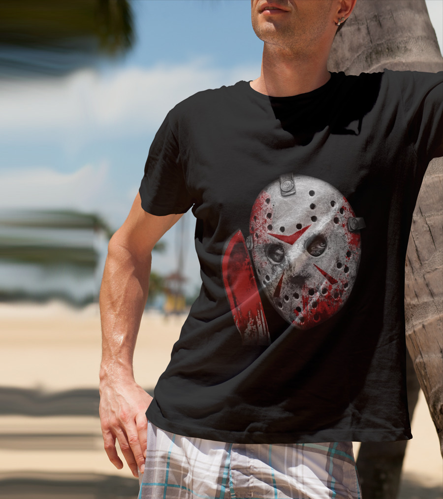 Friday The 13th Movie Jason Voorhees Mask With Bloody Machete Face T-Shirt
