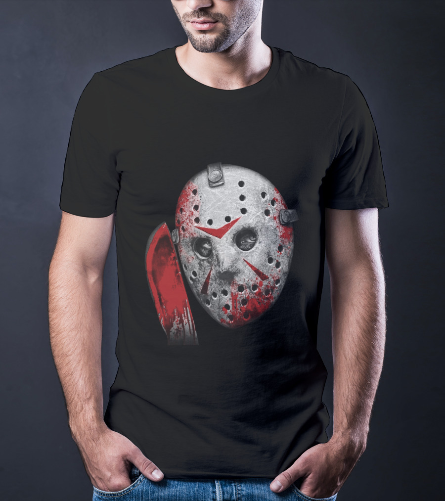 Friday The 13th Movie Jason Voorhees Mask With Bloody Machete Face T-Shirt