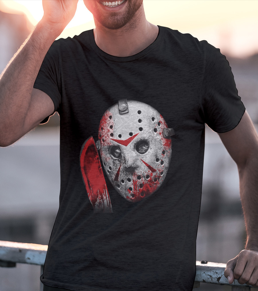 Friday The 13th Movie Jason Voorhees Mask With Bloody Machete Face T-Shirt