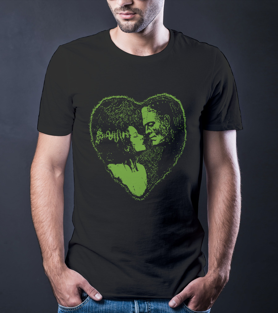 Frankenstein And Bride Heart Embrace Retro Horror Walking Dead TV Show Look T-Shirt