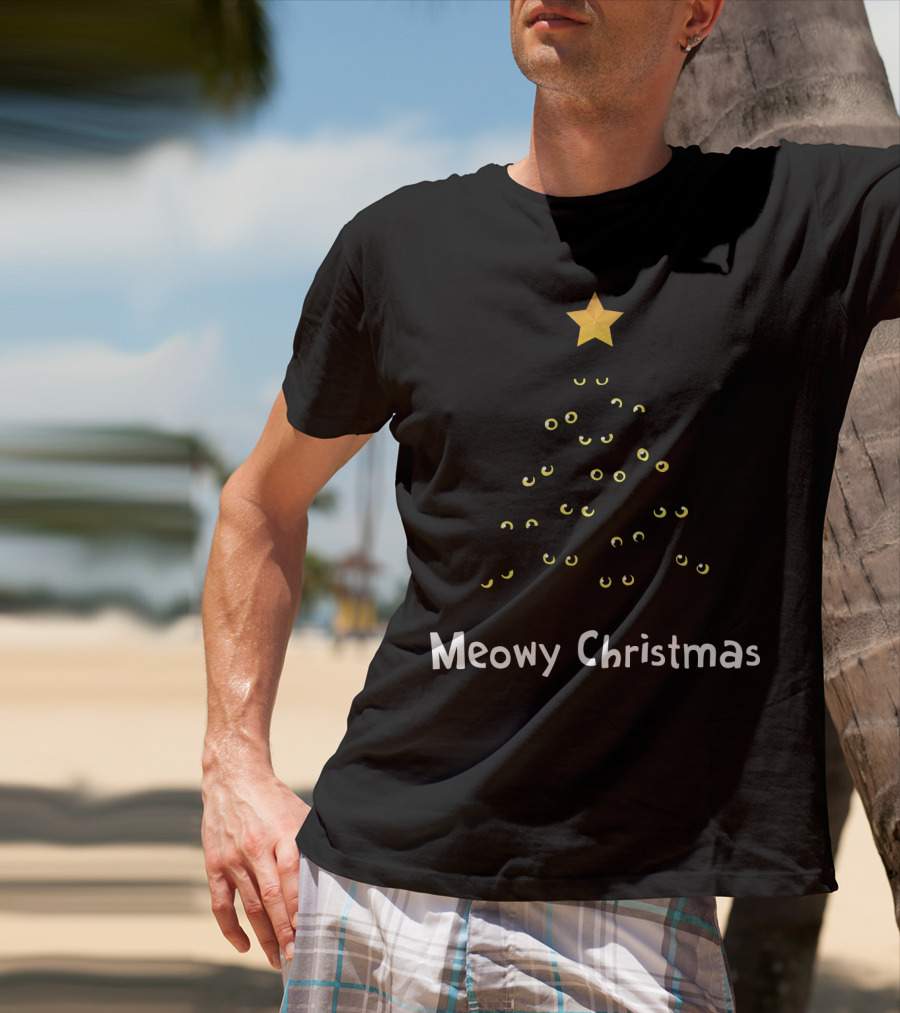 Meowy Christmas Cat Tree With Yellow Eyes And Star Topper T-Shirt