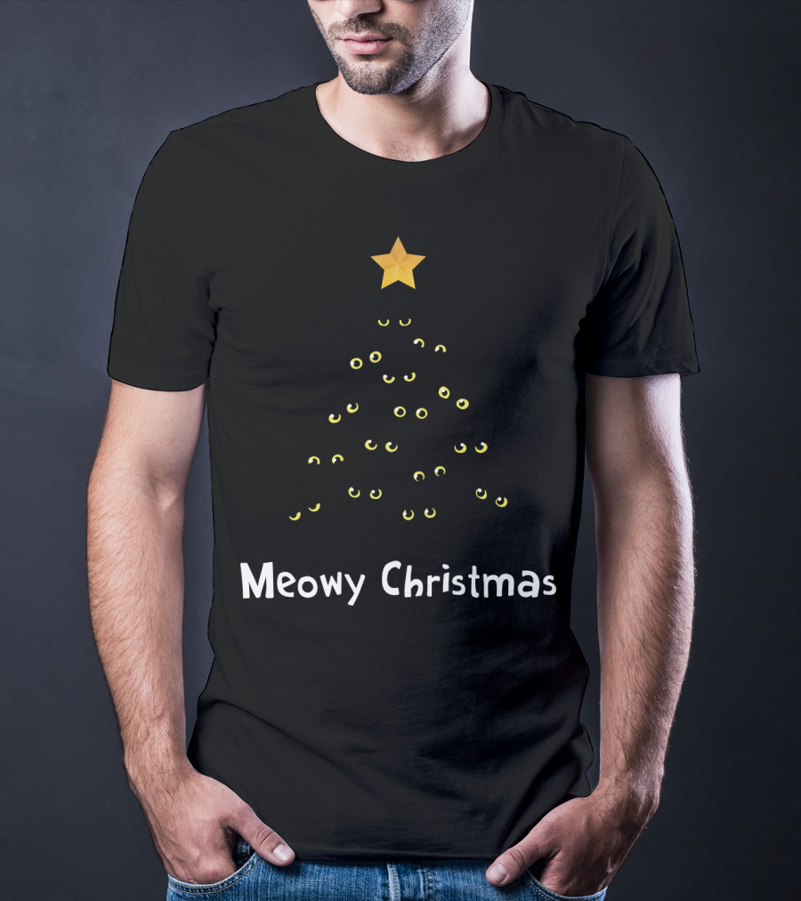 Meowy Christmas Cat Tree With Yellow Eyes And Star Topper T-Shirt