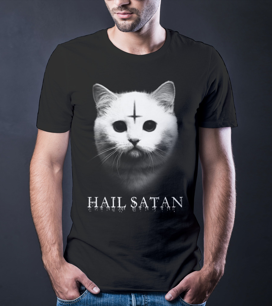 Hail Satan Cat With Inverted Cross T-Shirt