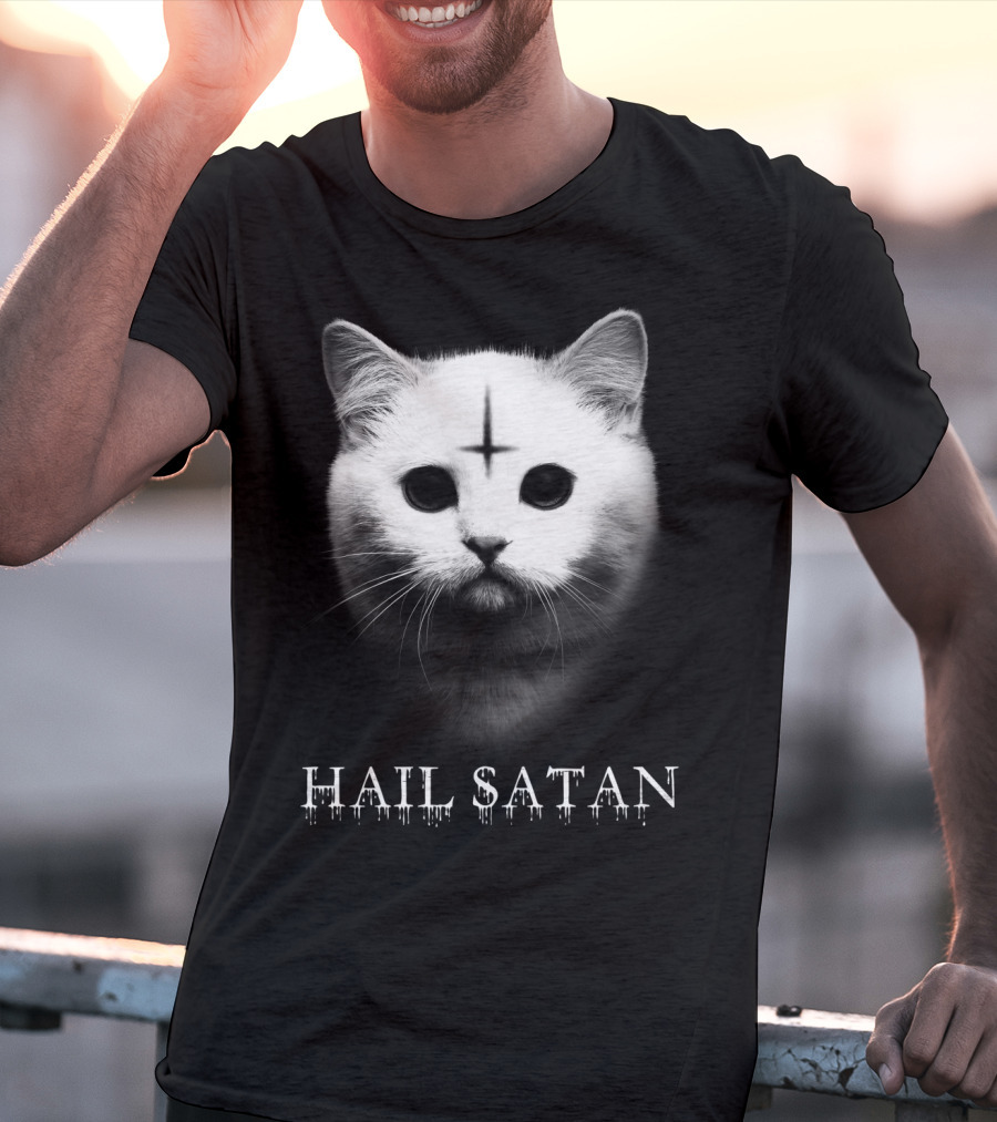 Hail Satan Cat With Inverted Cross T-Shirt