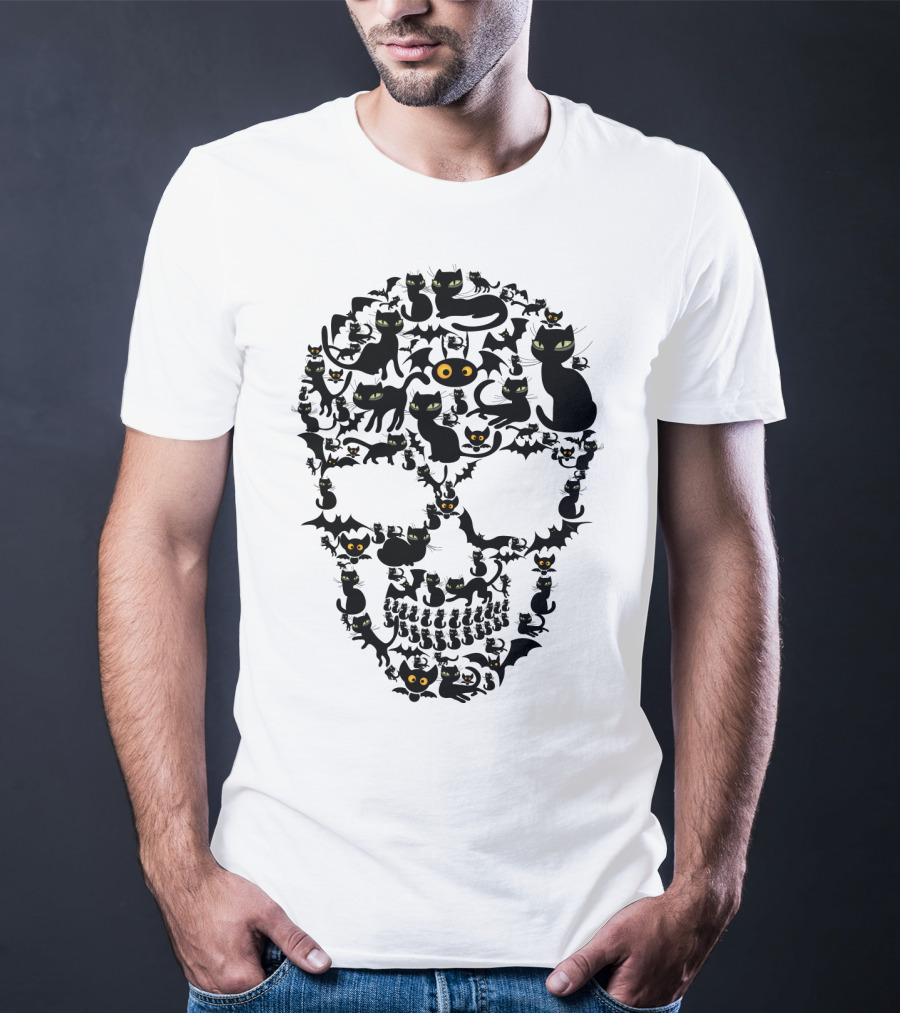 Cat Skull Halloween Black Cats And Bats T-Shirt