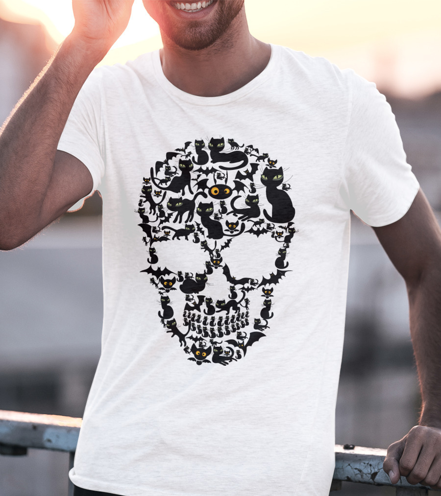 Cat Skull Halloween Black Cats And Bats T-Shirt