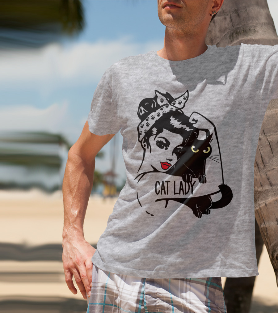 Cat Lady Retro Style With Black Cat And Polka Dot Bandana T-Shirt