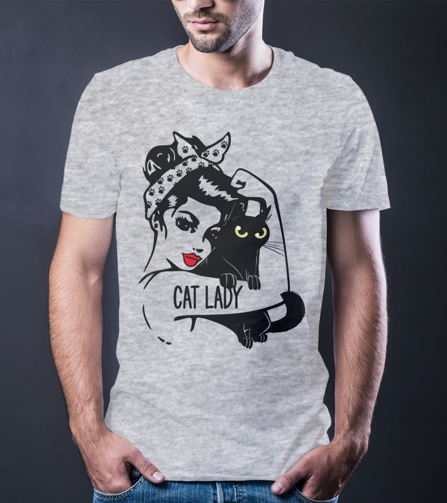 Cat Lady Retro Style With Black Cat And Polka Dot Bandana T-Shirt