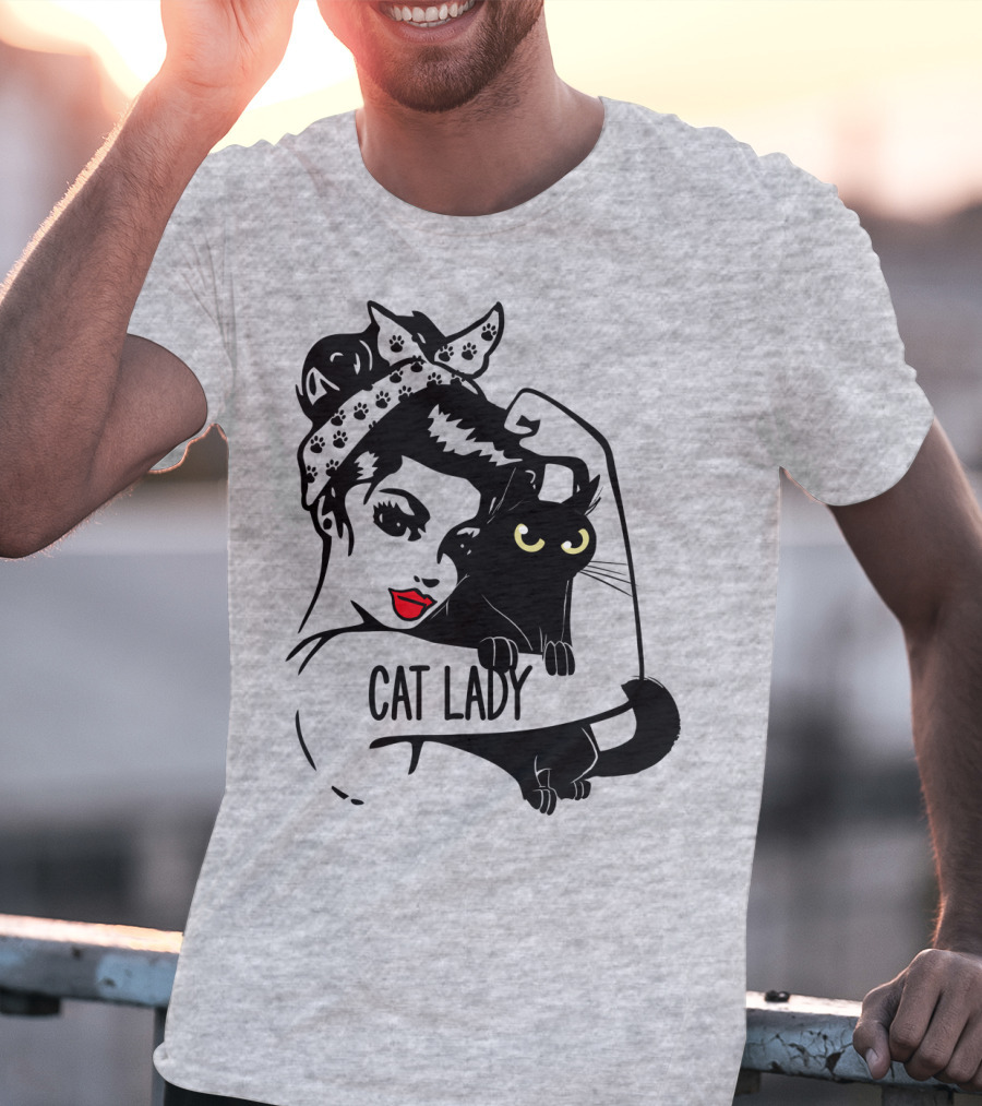 Cat Lady Retro Style With Black Cat And Polka Dot Bandana T-Shirt