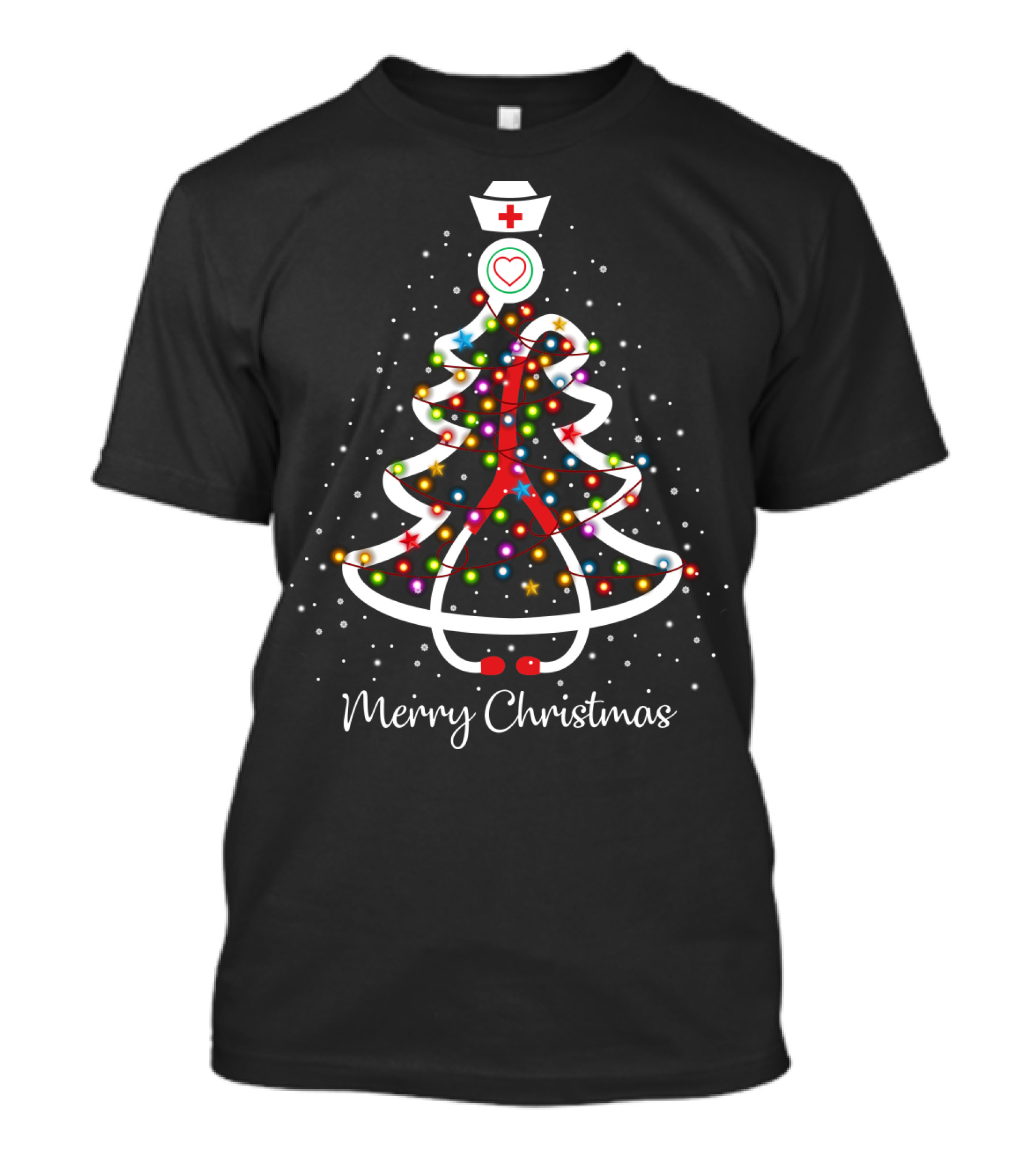 Merry Christmas Nurse Tree With Lights And Red Cross Hat T-Shirt